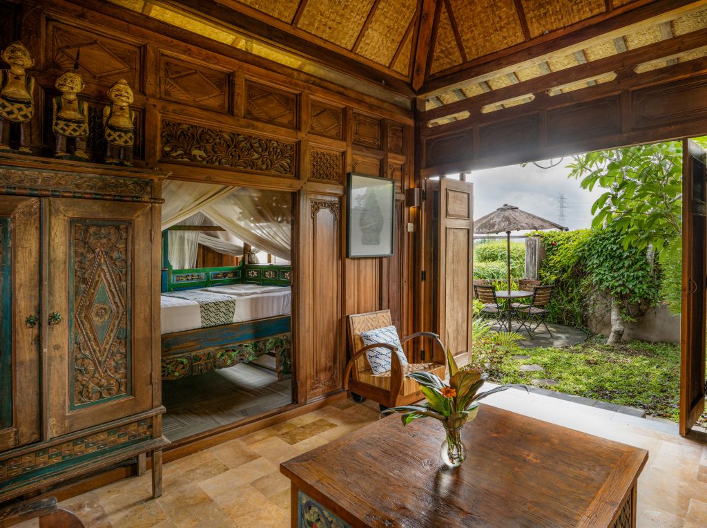 Bungalow 3 view from inside looking over the private garden and rice fields.